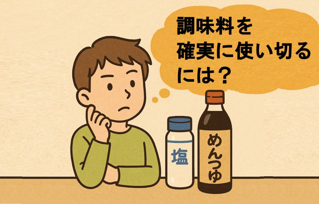 調味料入れを見ながら考え中の人